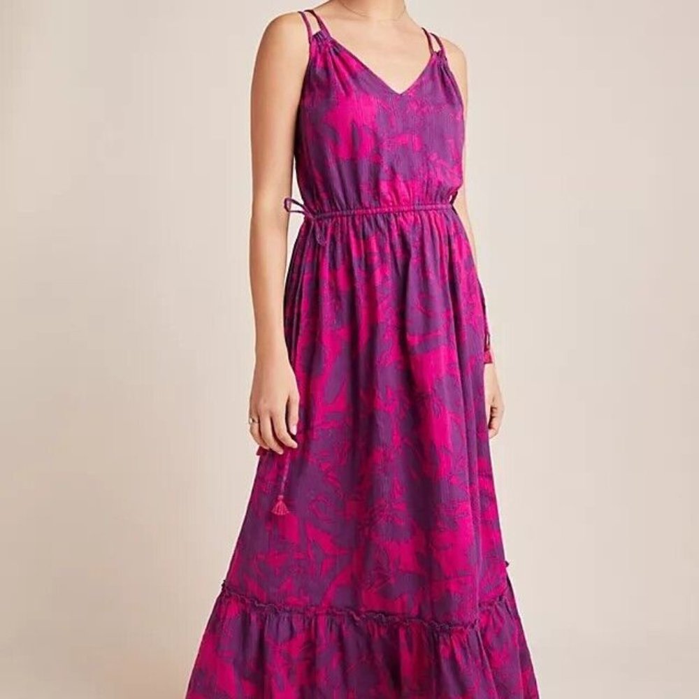 Anthropologie Saturday Sunday Jasmine Cotton Maxi Magenta Floral Dress Size L